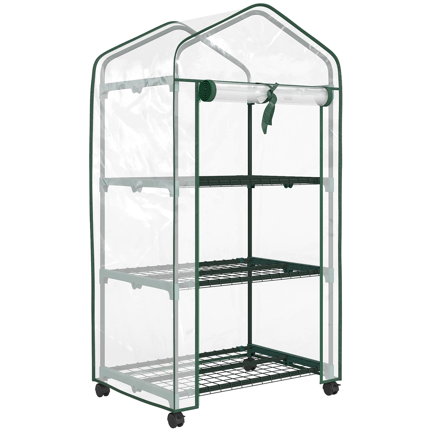 Mini serre de jardin avec 3 étagères, bâche PVC haute densité, porte enroulable 4 roulettes 69 x 49 x 130 cm transparent