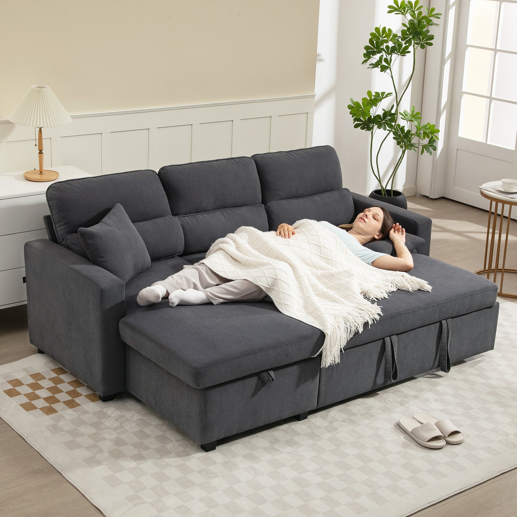 Canapé d'angle convertible en velours côtelé, canapé-lit 3 places avec rangement caché, coussins, 205x135x76cm, gris