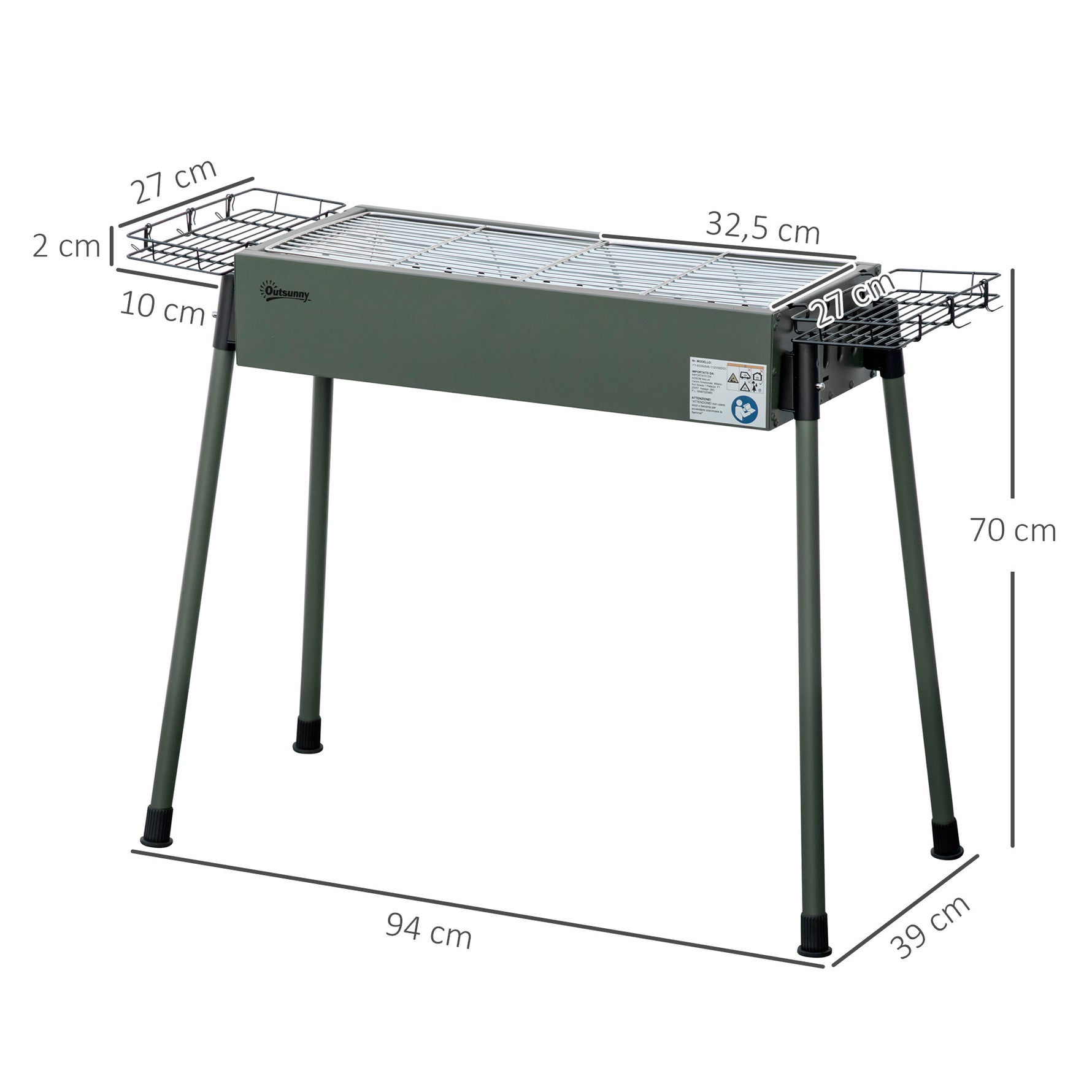 Barbecue au charbon de bois avec 2 grilles portable BBQ Grill sur Pieds amovibles2 paniers latéraux, 94L x 39l x 70H cm