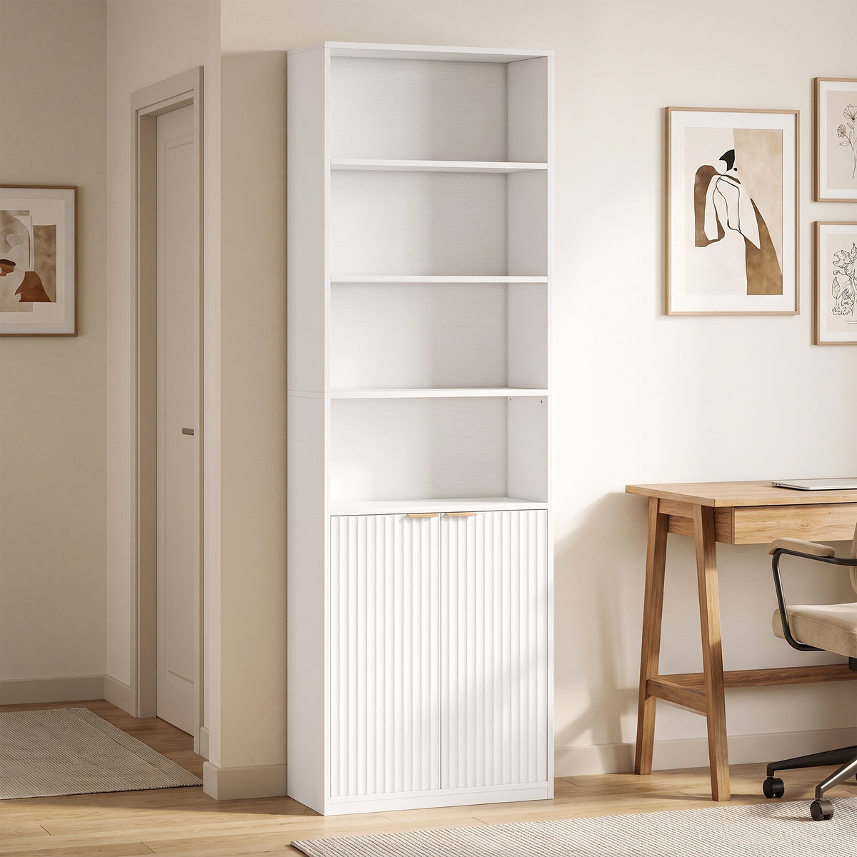 6-Tier Bookcase, Storage Unit, 60 x 24 x 182 cm with 4 Open Compartments and 2 Doors, White