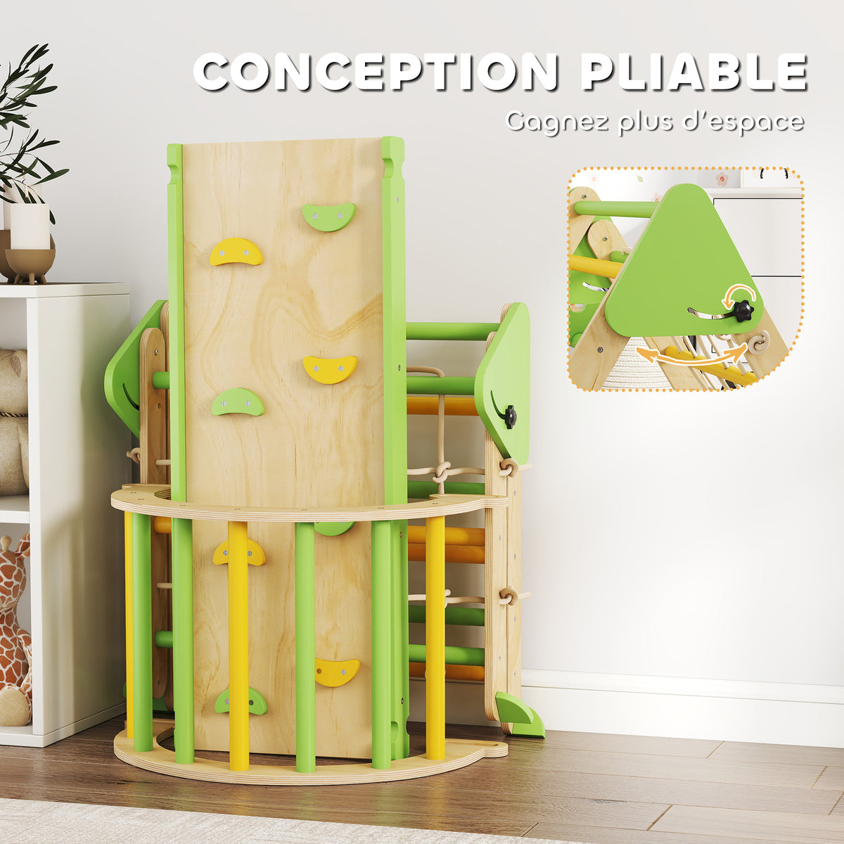 Triangle d'escalade enfants 8 en 1 avec rampe double face, arc d'escalade en bois avec toboggan & échelle, vert