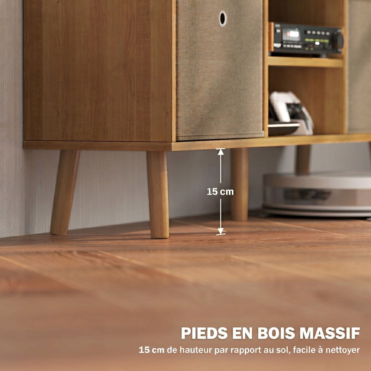 Meuble TV bas sur pieds style contemporain avec 2 tiroirs en tissu dim. 110L x 29l x 46,5H cm - passe-câbles - MDF