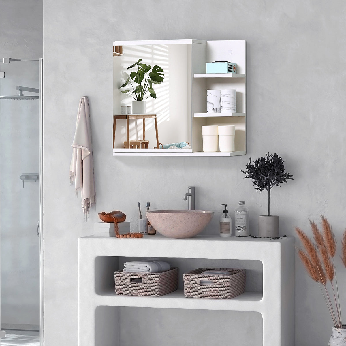 Armoire Miroir de Salle de Bain avec étagère 3 étagères latérales kit Installation Murale fourni en Bois Aspect Blanc