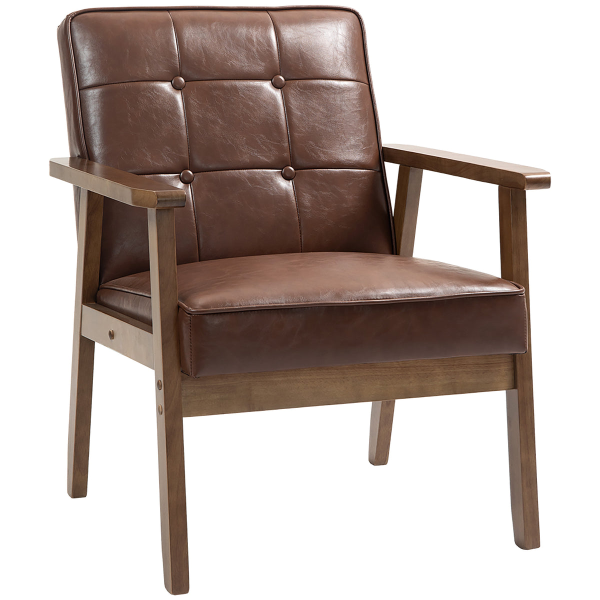 Fauteuil de salon, fauteuil de chambre en cuir synthétique, dossier capitonné, pieds en bois massif, 64x73x81cm, marron