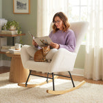 Fauteuil à Bascule, Rocking Chair en Peluche Teddy avec Dossier Haut, Coussin, Pieds en Bois d'Hévéa, Crème