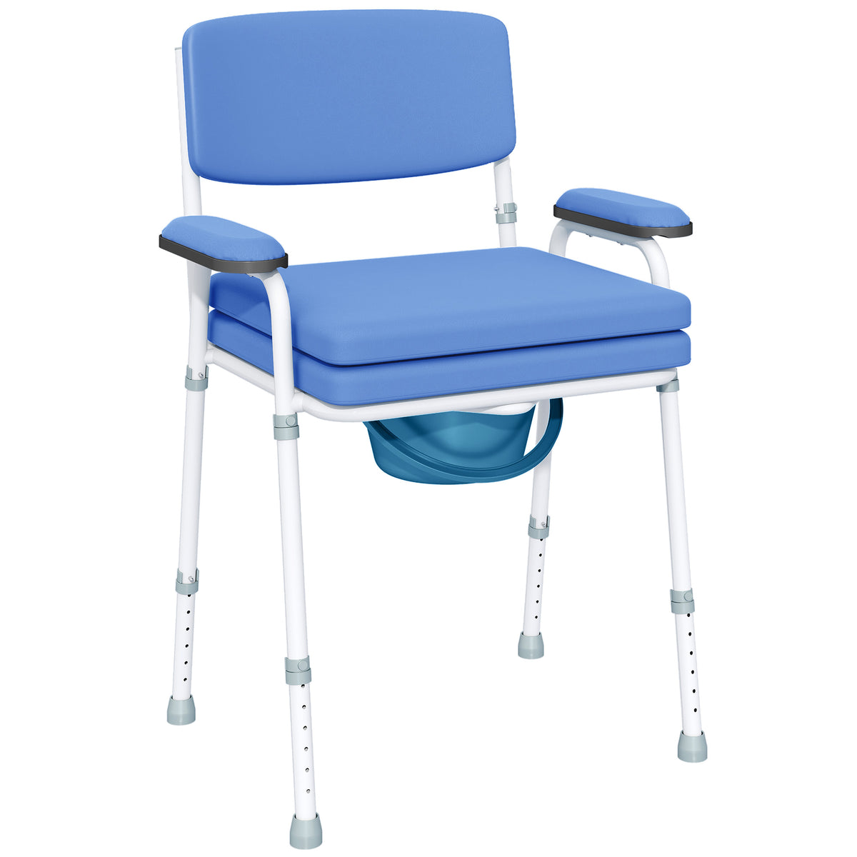 Silla de inodoro con orificio multifunción, cubo extraíble, altura regulable, con respaldo, asiento y reposabrazos acolchados azules