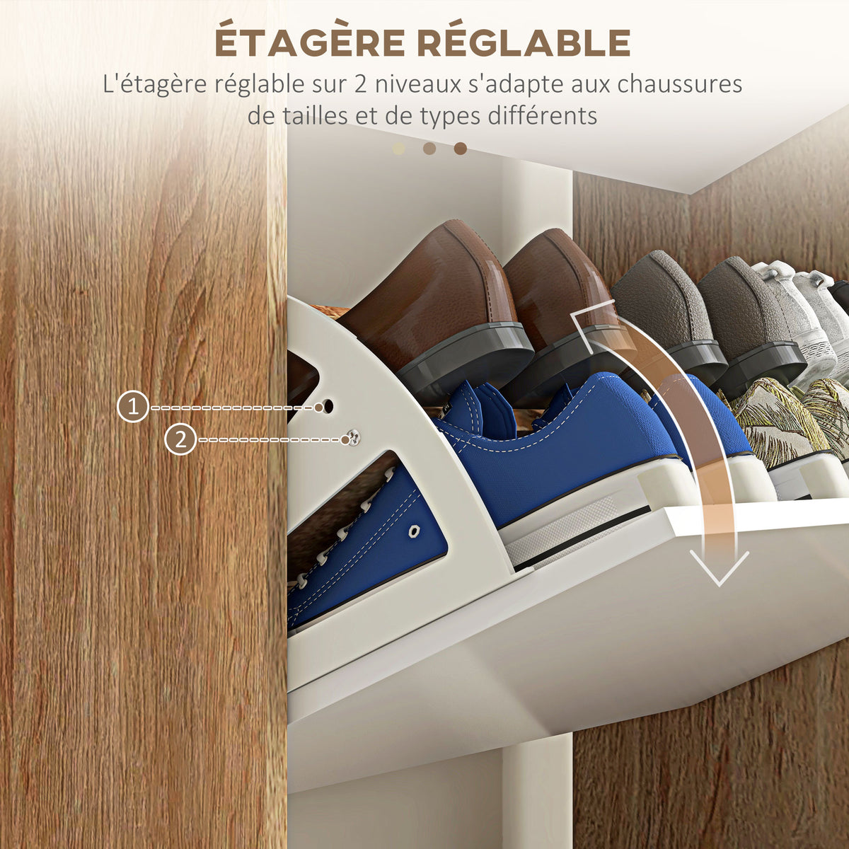 Meuble à chaussures 3 abattants avec étagère réglable, 72L x 24P x 119H cm, naturel et blanc