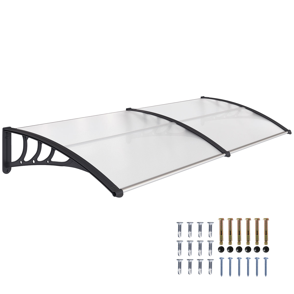Auvent de porte d'entrée, toit marquise de porte exterieur en polycarbonate et profil aluminium résistante toit abri protection contre la pluie et UV pour terrasse, balcon, 195x75cm, transp.