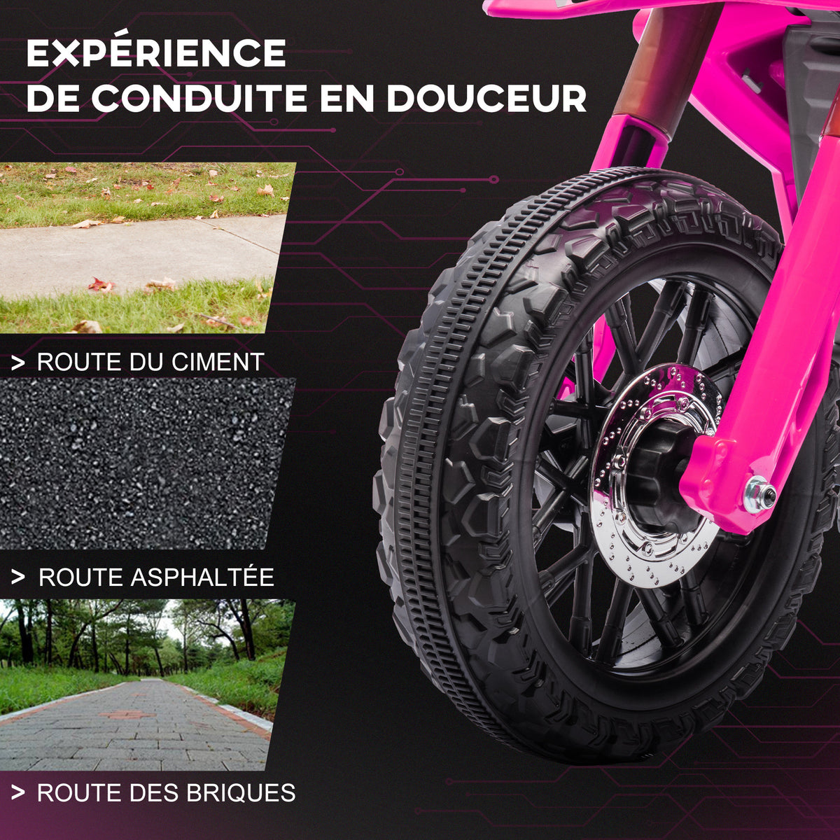 Moto cross électrique pour enfants 3-8 ans, batterie 6 V, 2 moteurs, klaxon et roues d'entraînement, charge 30KG, rose
