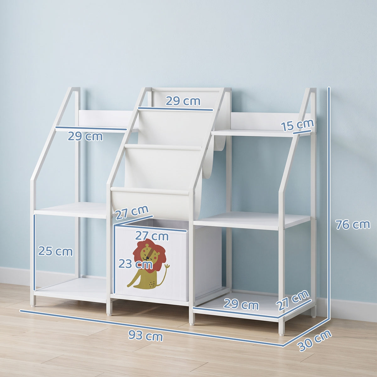 Kinderbücherregal mit 3 Ebenen, Kinderregal mit Stoffschublade, 93 x 30 x 76 cm, Weiß