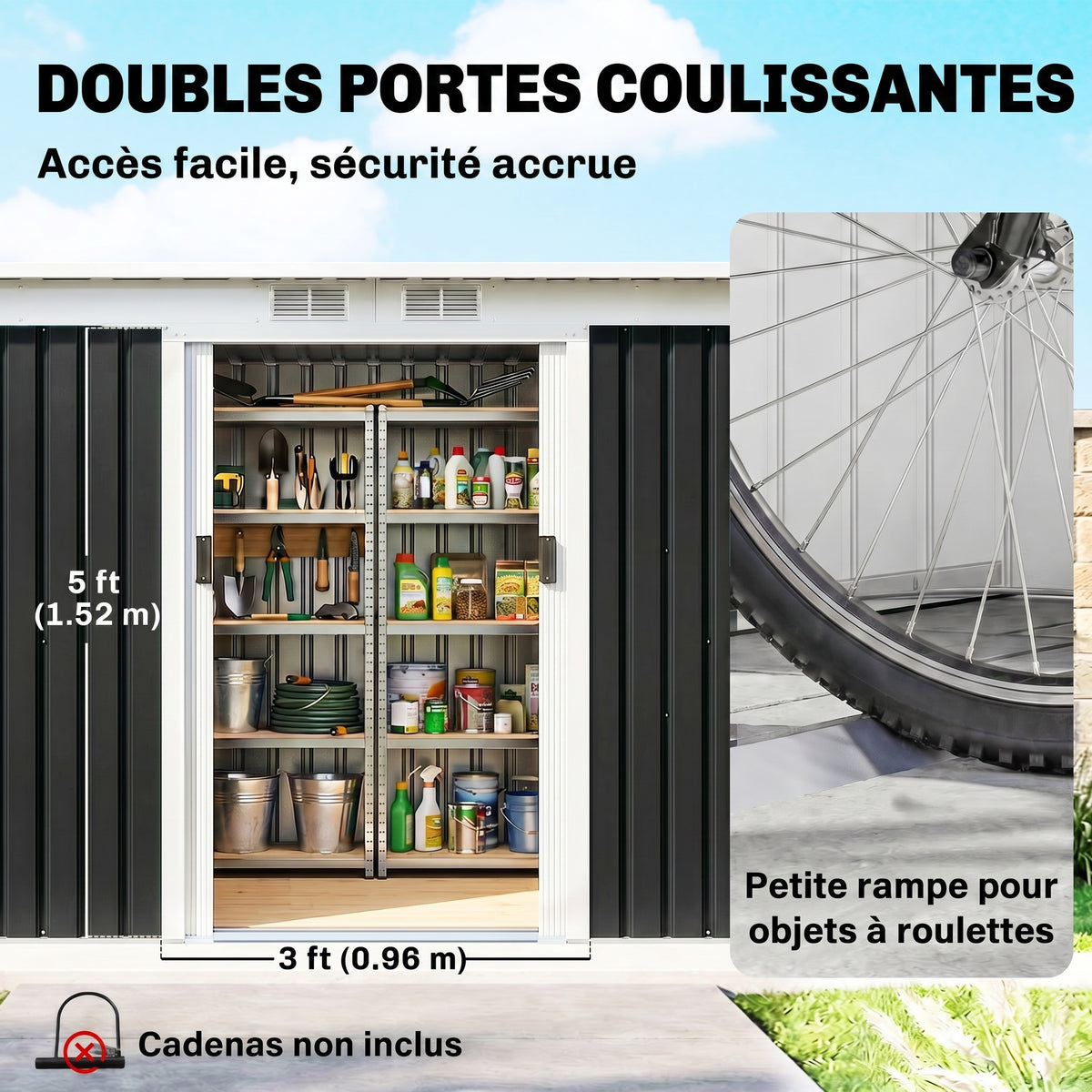 Abri de jardin en acier galvanisé XXL 3,6 m² avec kit de fondation 280 x 130 x 172 cm, cabane de jardin cabanon rangement outils avec portes coulissantes verrouillables aérations, noir