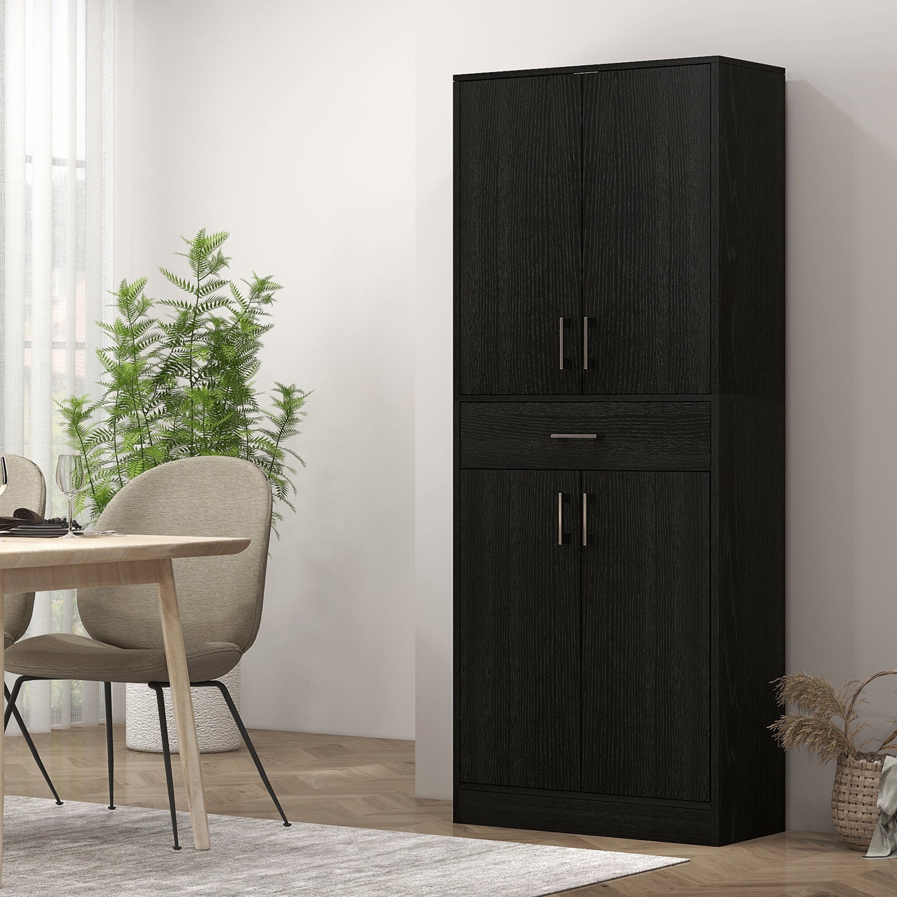 Buffet haut armoire de cuisine 4 portes 2 placards et 1 tiroir central hauteur 180 cm avec 2 étagères réglables noir