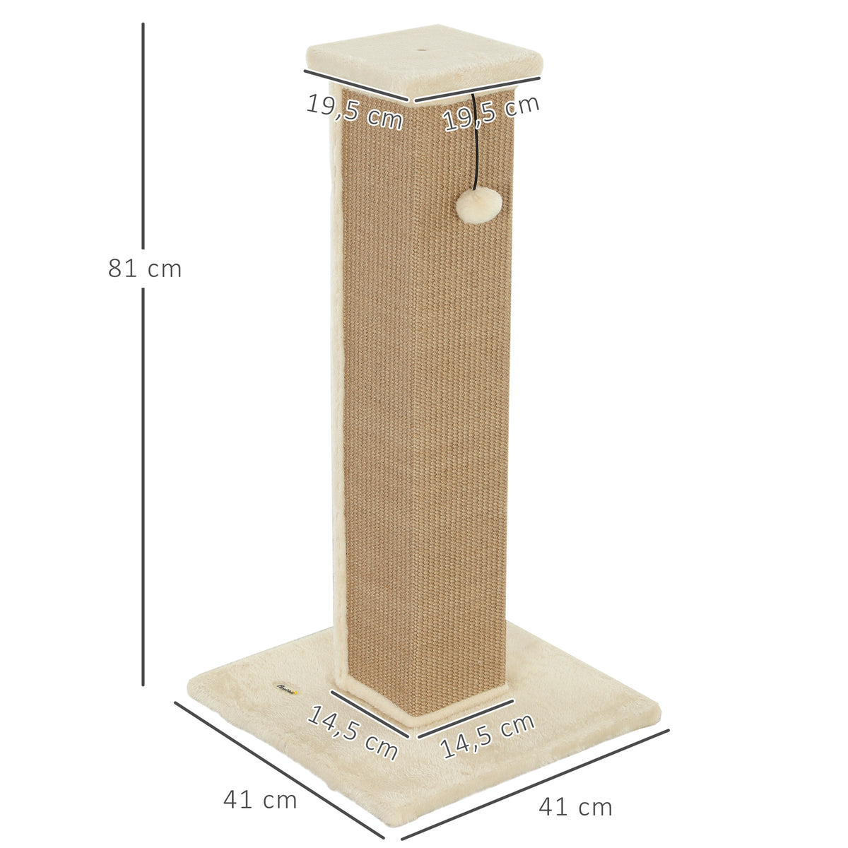 Griffoir pour chat poteau griffoir chat en sisal et peluche, boule suspendue base stable 41 x 41 x 81 cm beige