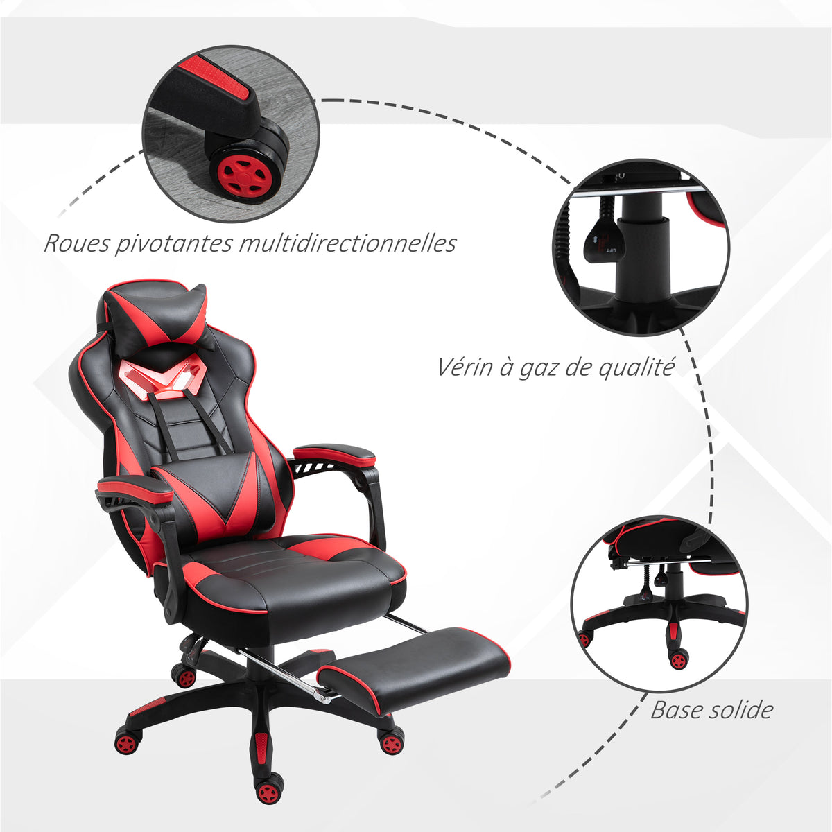 Chaise gaming Ergonomique, Fauteuil de Bureau confortable avec Repose-Pied, Appuie-Tête et coussin lombaire, Hauteur Réglable, noir et rouge