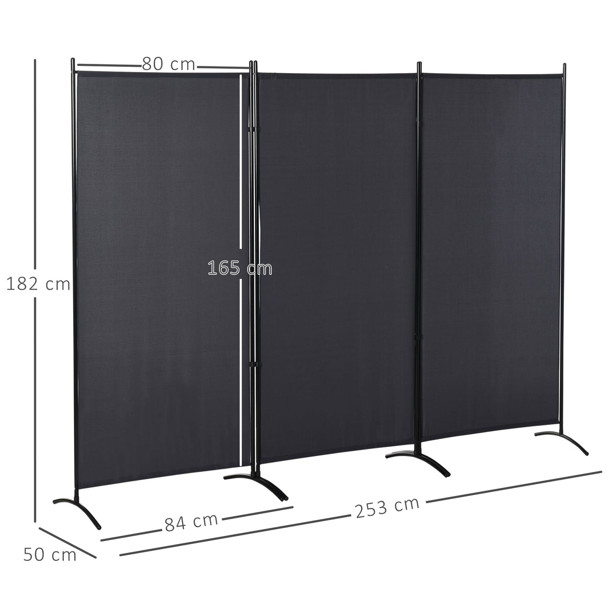Paravent 3 panneaux dim. 2,53L x 0,5l x 1,82H m Store latéral Brise-Vue paravent sur Pied séparateur métal Polyester