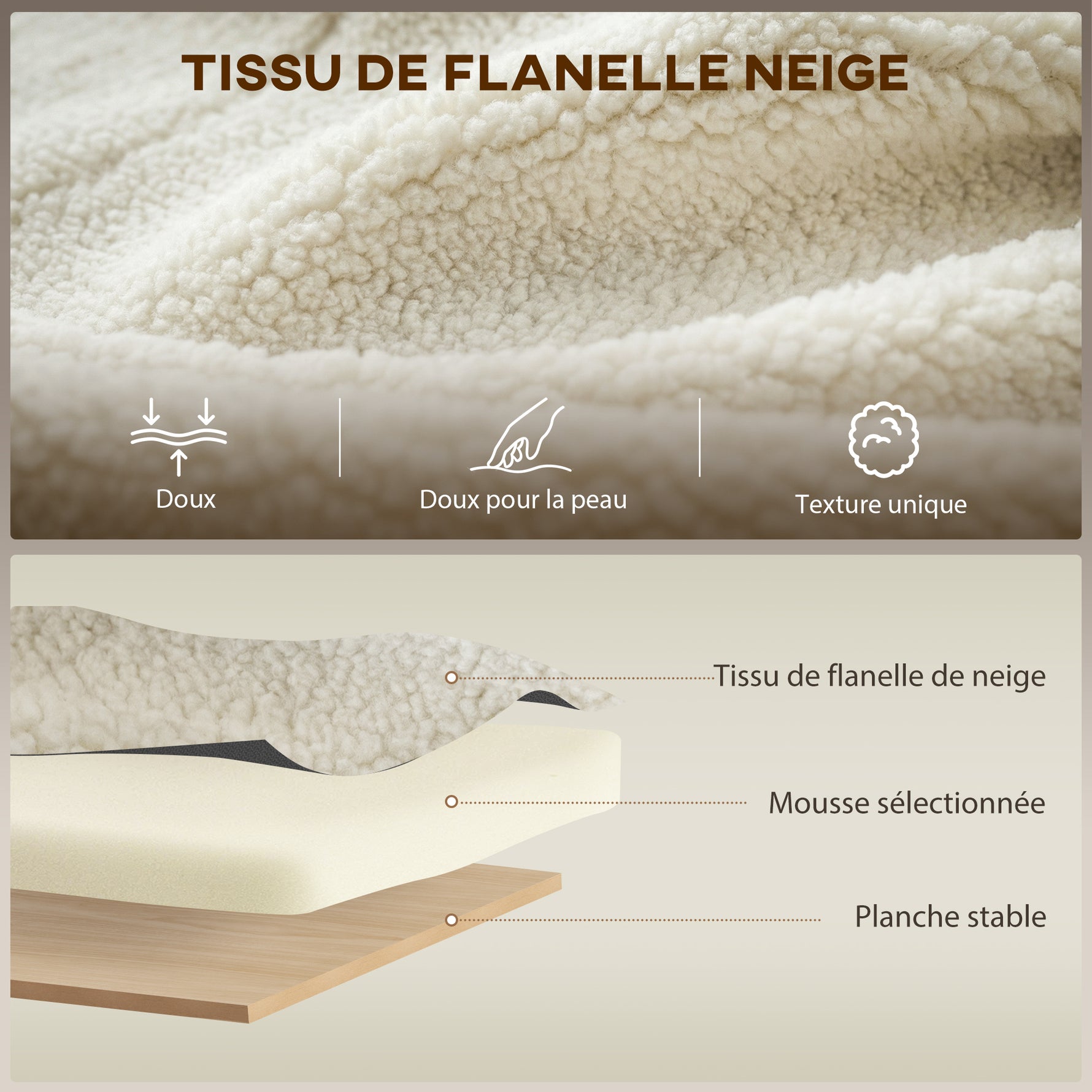 Fauteuil à bascule, rocking chair en flanelle neige rembourré, coussin lombaire, dossier haut, poches latérales, crème