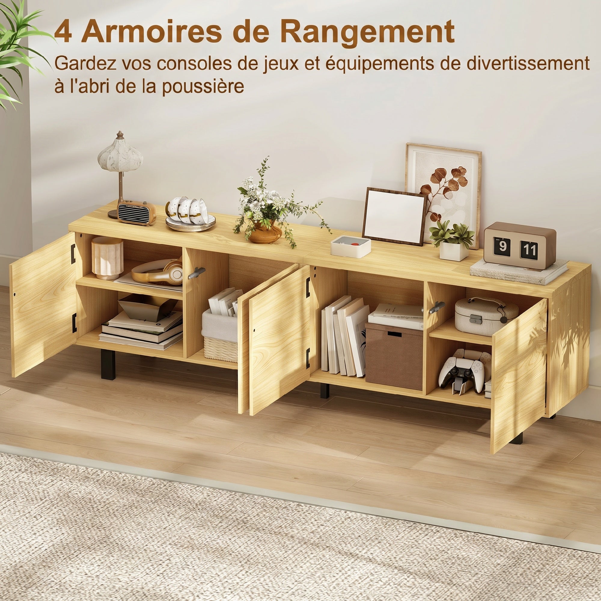 Meuble TV 180 cm, meuble télé pour 82 pouces avec 4 portes à ouverture par pression 180x35x55,5cm bois naturel