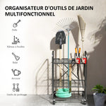 Organisateur d'outils de jardin, support à outils de jardin 40 compartiments à 2 niveaux avec roues 57 x 48 x 70 cm noir