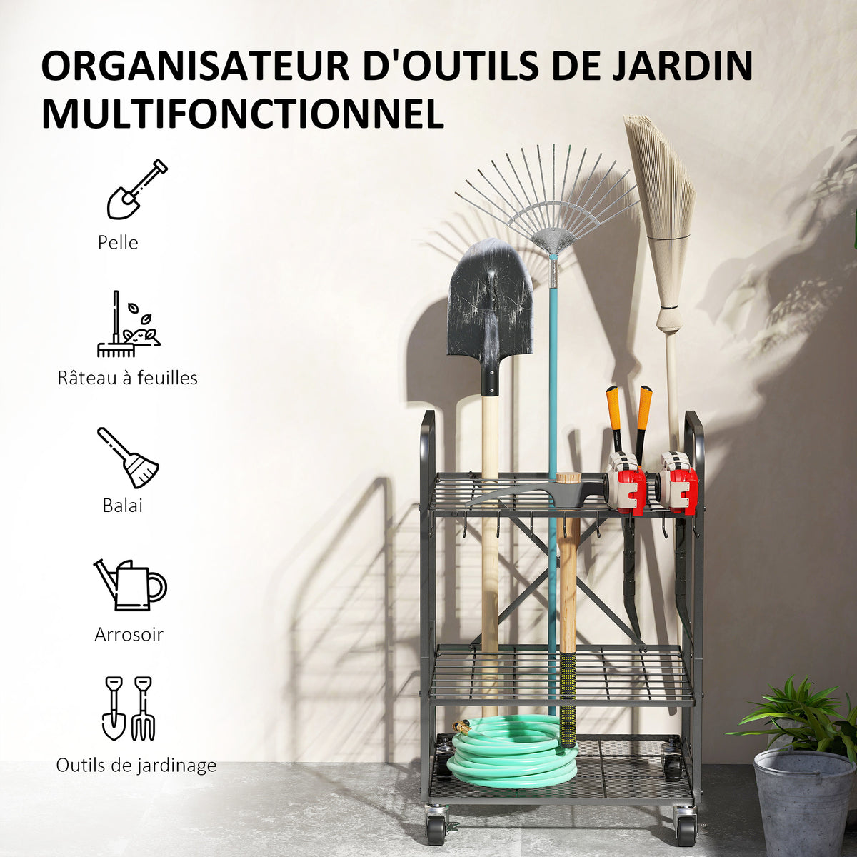 Organisateur d'outils de jardin, support à outils de jardin 40 compartiments à 2 niveaux avec roues 57 x 48 x 70 cm noir