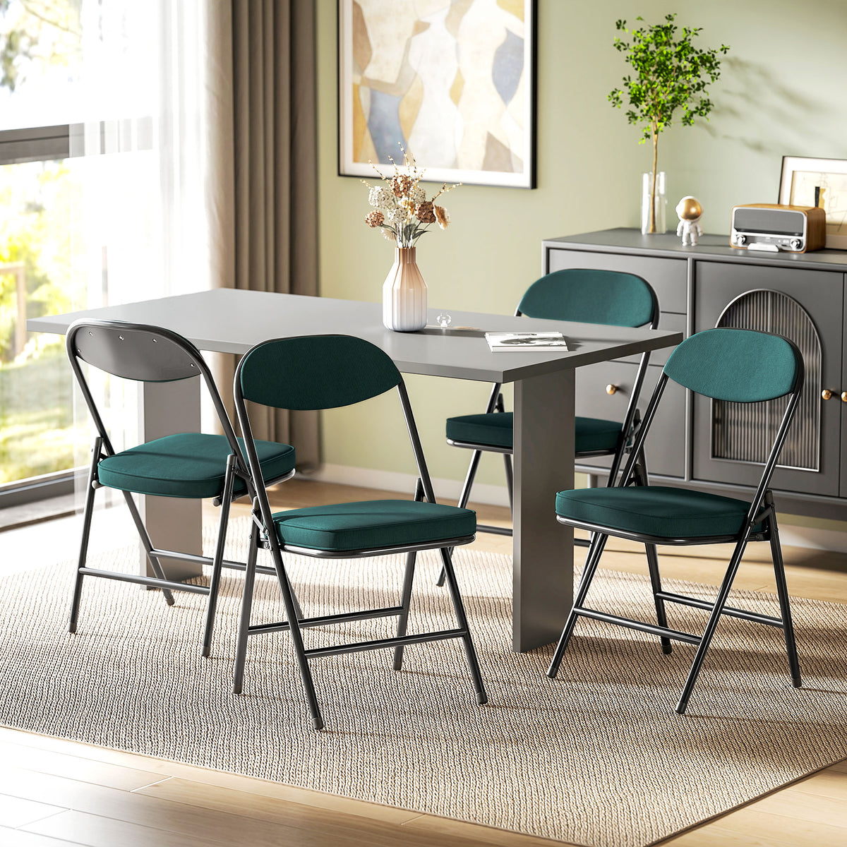Lot de 4 chaises pliantes chaises de salle à manger portables avec assises et dossiers rembourrés en velours côtelé bleu