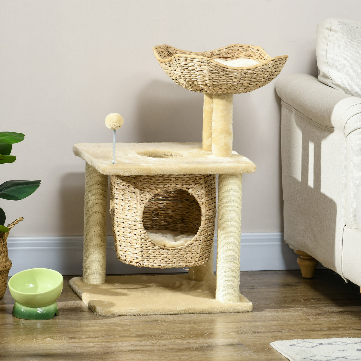 Tiragraffi per gatti in sisal naturale, 1 cuccia, cesta, pon-pon, peluche, giacinto d'acqua, 45 x 40 x 74 cm, beige