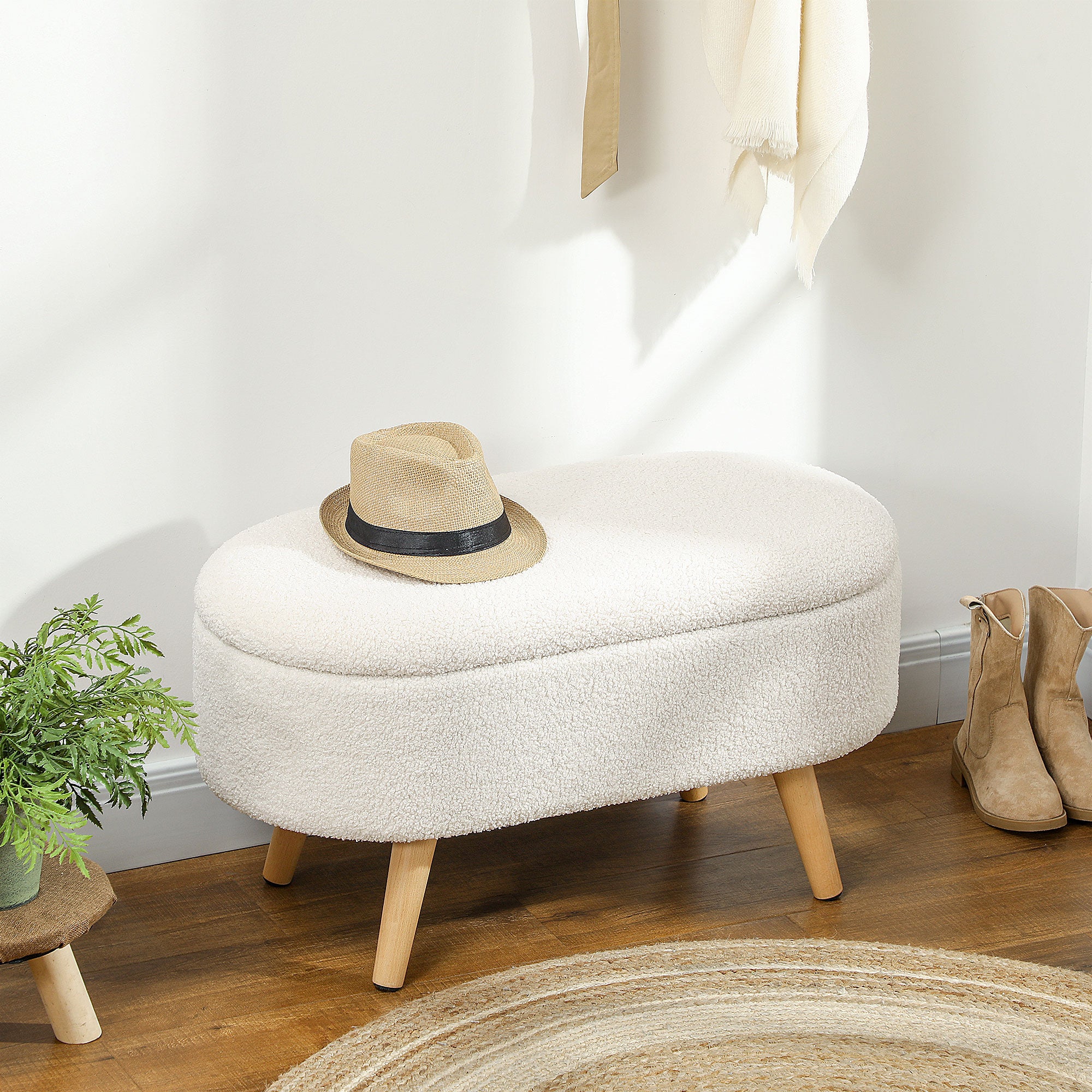 Panca contenitore, fondo letto imbottito in tessuto Teddy con coperchio e gambe in legno, 82 x 41 x 45 cm, bianco