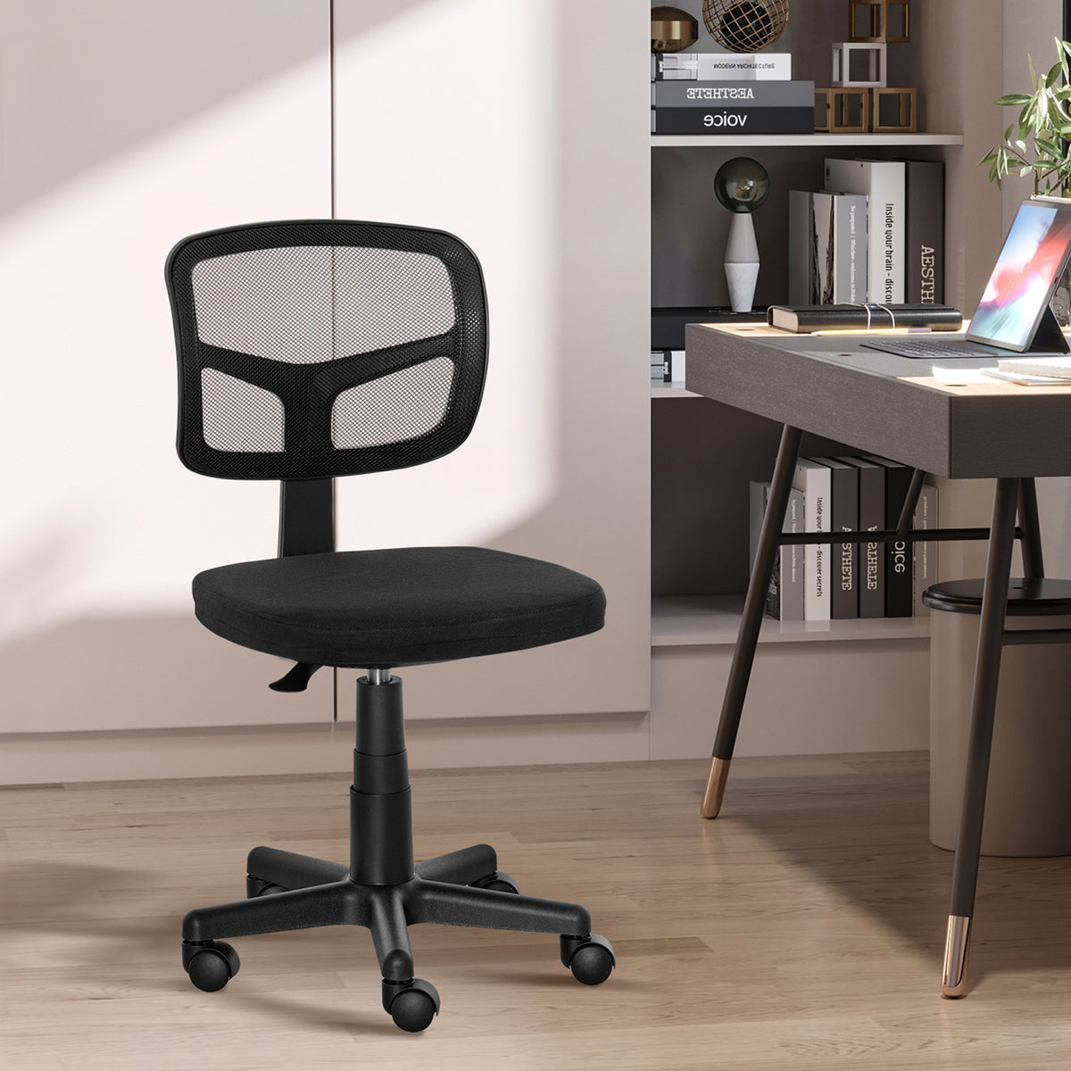 Armless office chair, mesh office chair, adjustable height, padded seat, 360° swivel, black