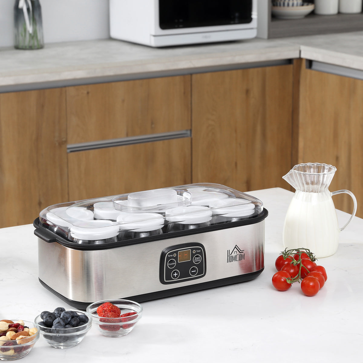 Yogurtiera con 8 vasetti in vetro da 180 ml, macchina per yogurt elettrica in acciaio inossidabile con timer, termostato regolabile e display digitale per dessert fatti in casa sani