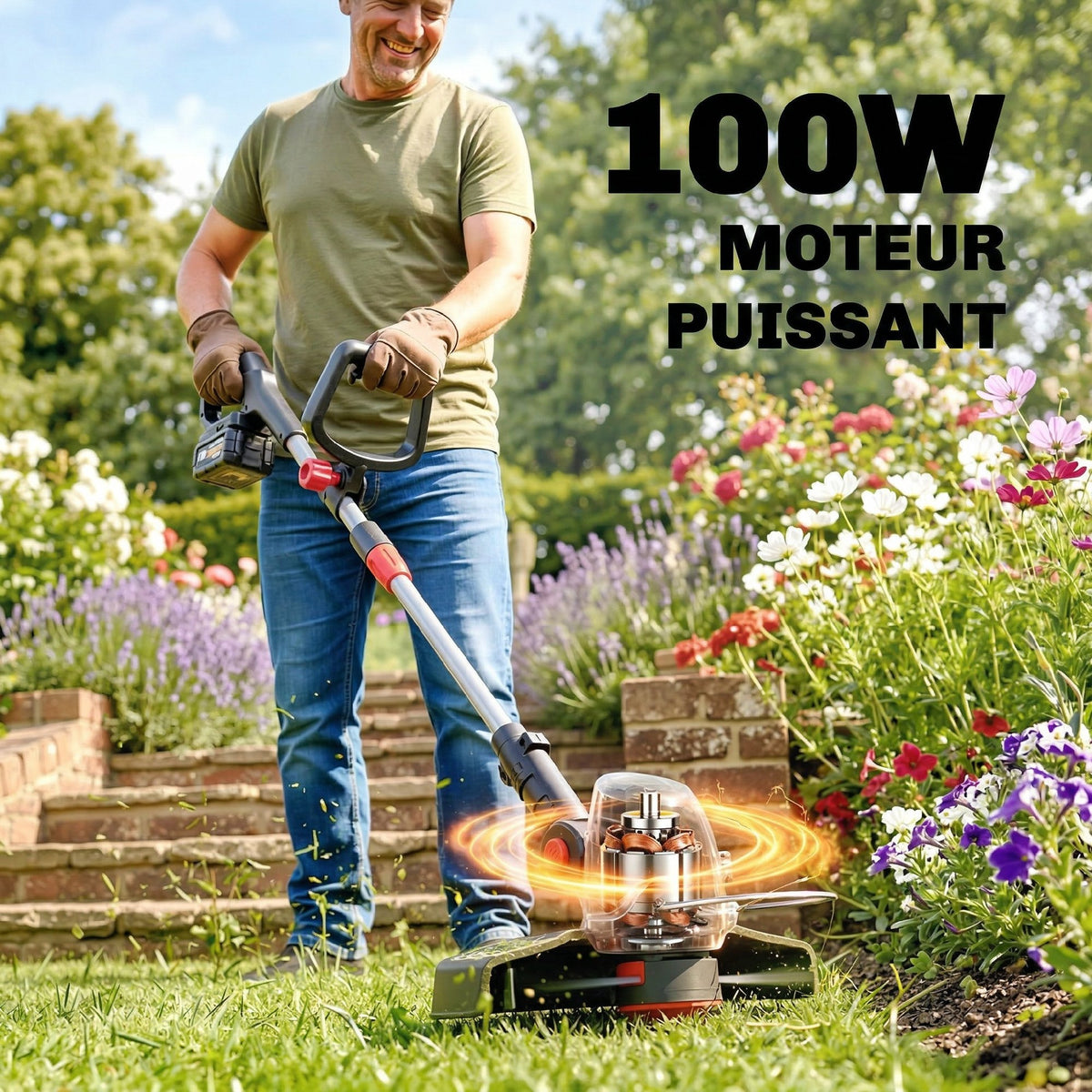 Coupe-Bordures sans Fil 18V, 2 Batteries 4,0 Ah, Chargeur, Coupe 25 cm, Manche Télescopique, 124x32x19cm, Argent