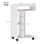 C-förmiger Beistelltisch mit Rollen, mit 3 Fächern und 1 offenem Regal, 40 x 30 x 69 cm, weiß