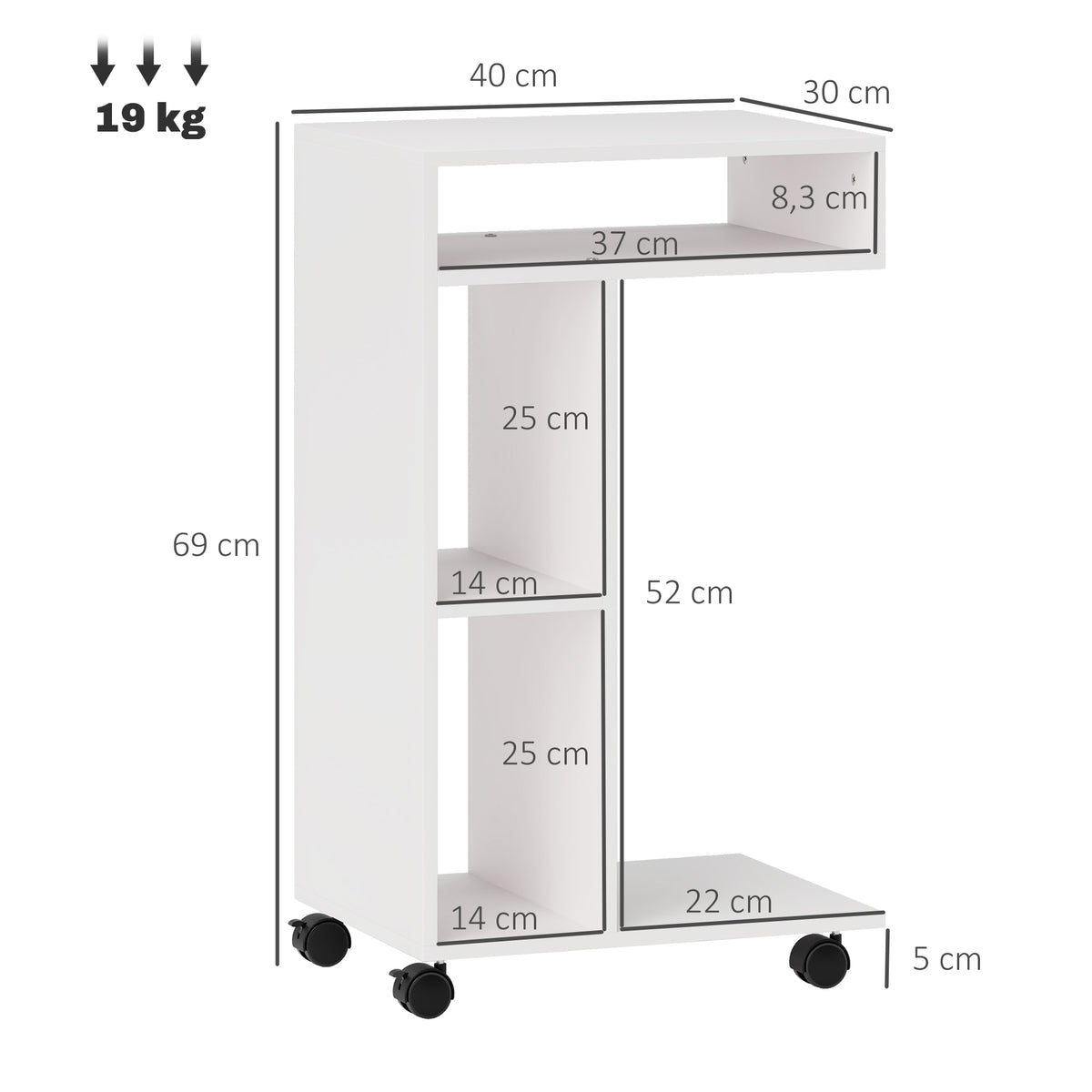 C-förmiger Beistelltisch mit Rollen, mit 3 Fächern und 1 offenem Regal, 40 x 30 x 69 cm, weiß
