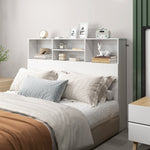 Tête de lit sur pied avec rangements, accessoire de lit 4 compartiments ouverts, 140 x 19 x 103,5 cm, blanc