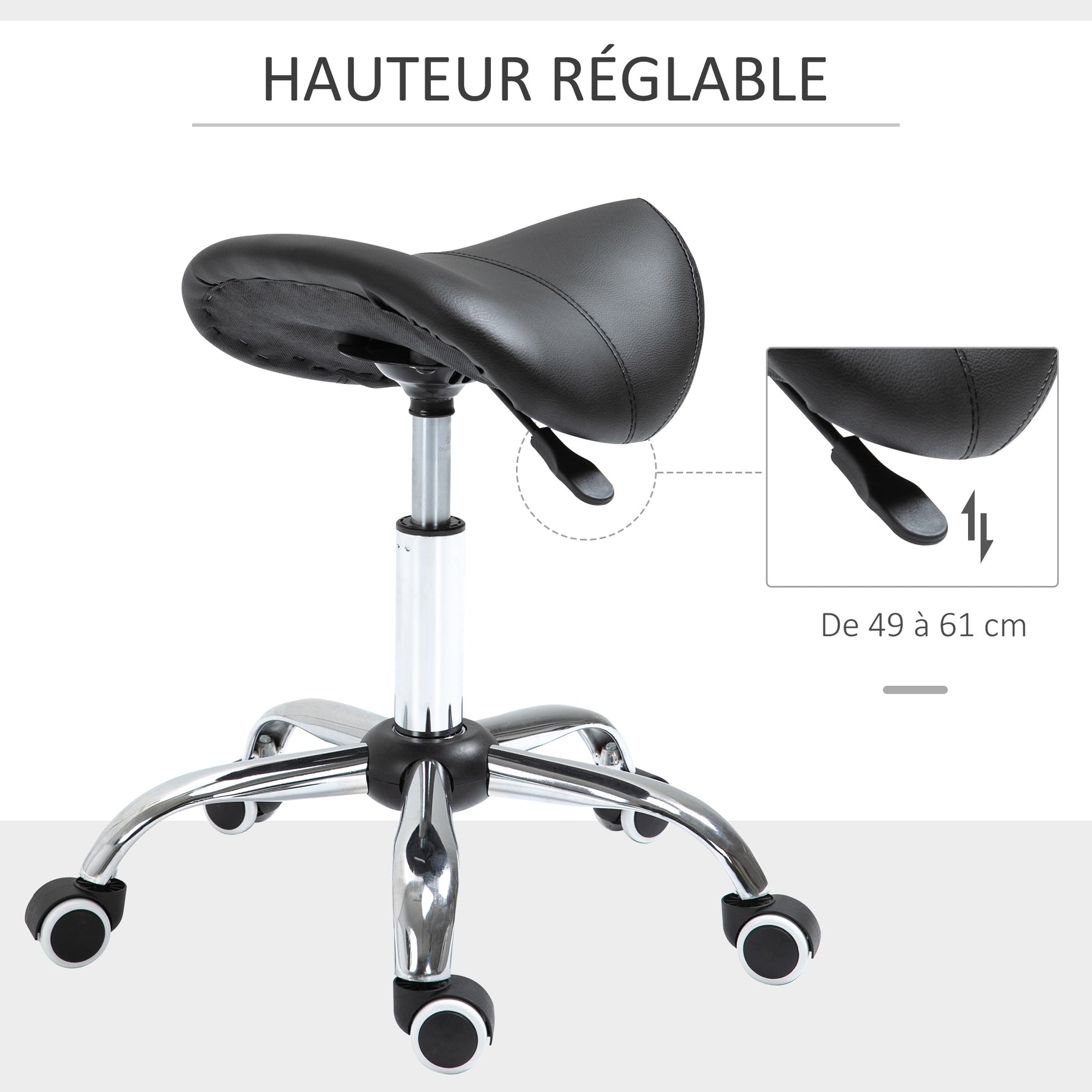 Tabouret à roulettes, tabouret de massage avec hauteur réglable 49-61 cm et selle ergonomique, chaise de travail à roulettes pivotant 360°, pour salon de massage tatouage clinique spa, noir