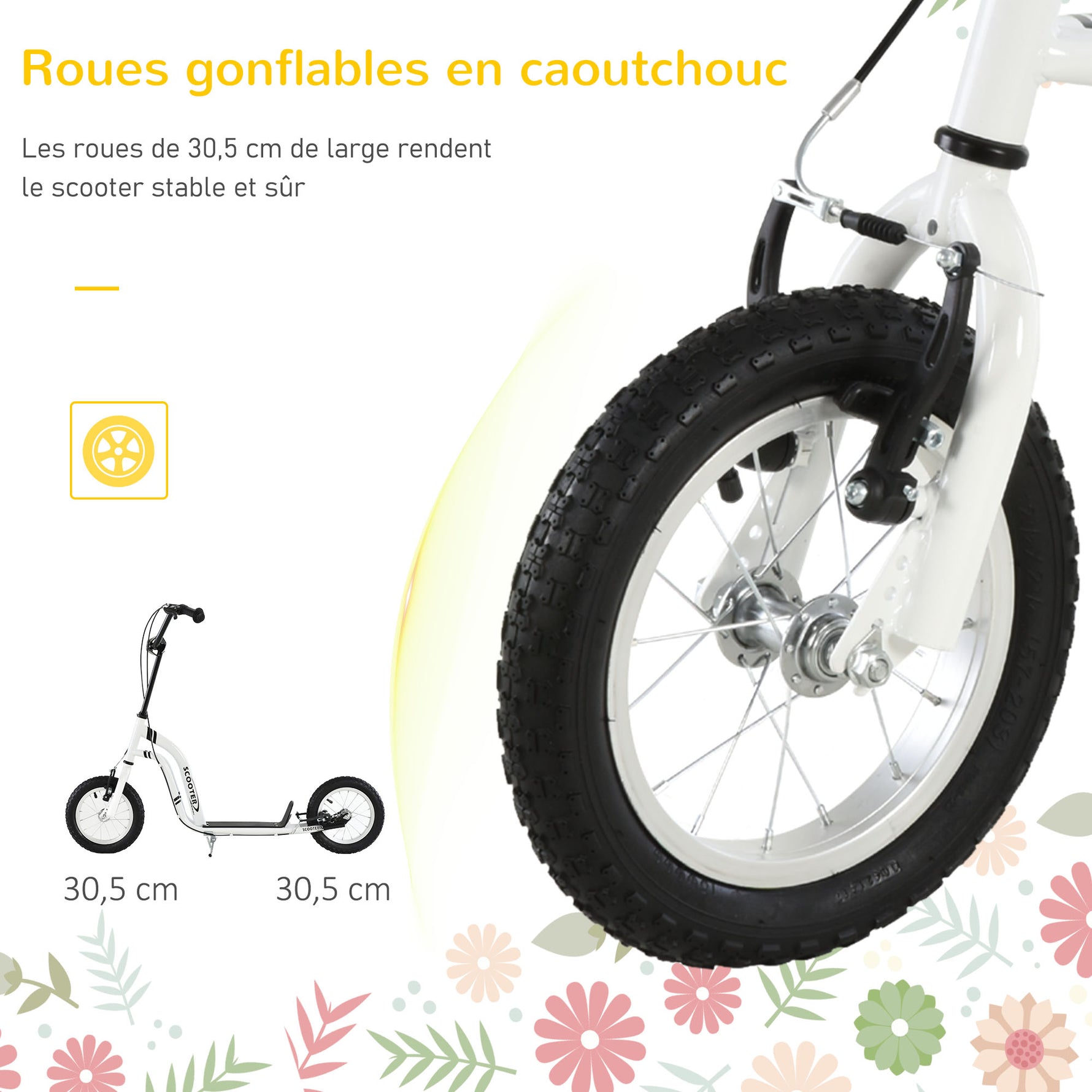Trottinette enfants, grandes roues pneumatiques 12 pouce en caoutchouc, charge 100 kg, trottinette tout terrain avec double freins, hauteur réglable et béquille latérale, 5 à 12 ans, blanc