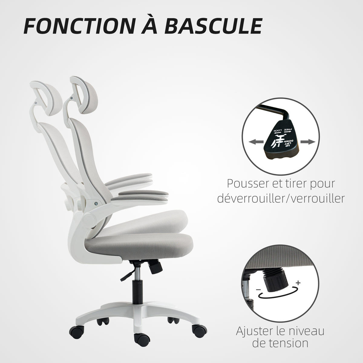 Chaise Bureau Ergonomique, Fauteuil de Bureau en Maille avec Accoudoirs Rabattables, Hauteur Réglable, 64x62x115cm, Gris