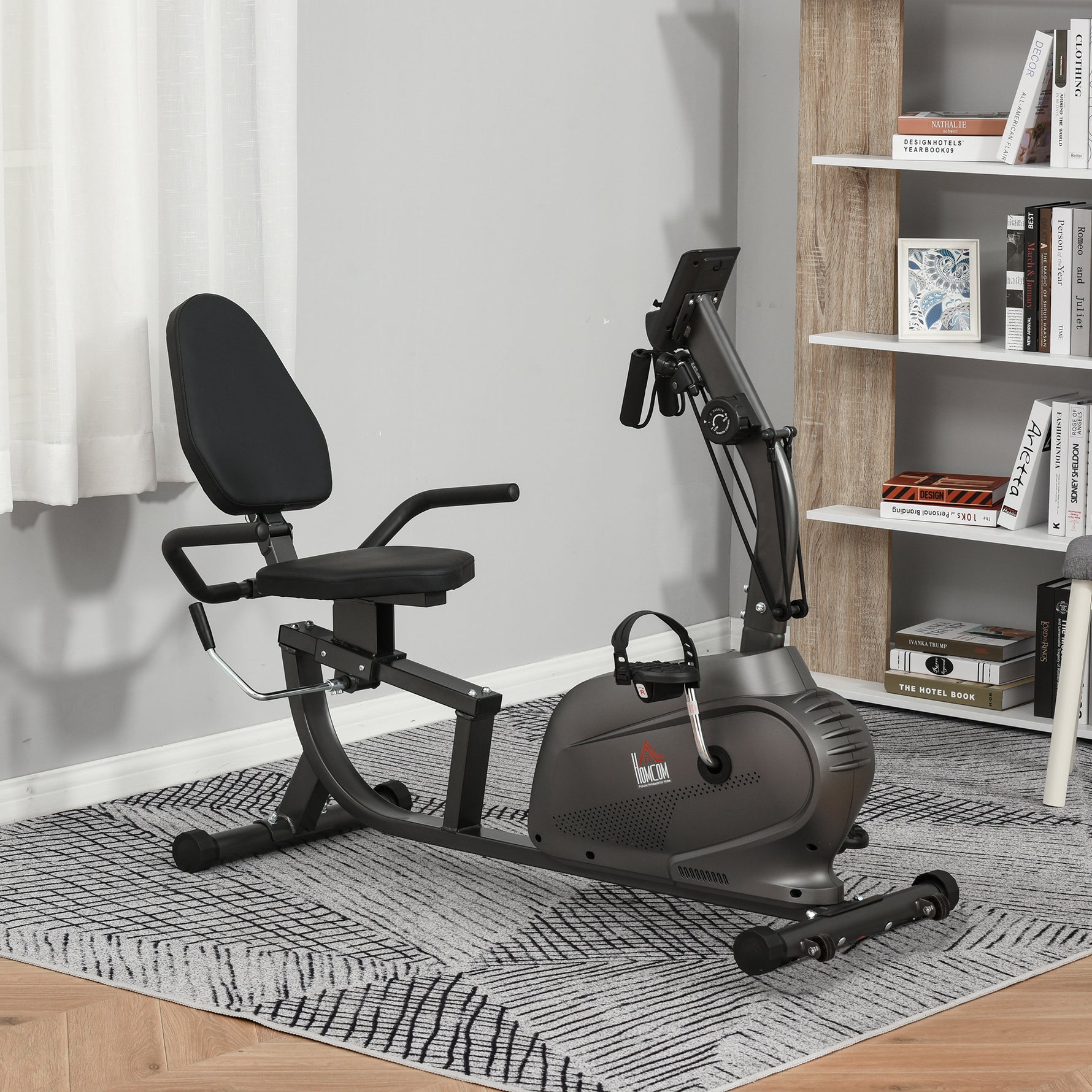 Vélo d'Appartement Semi-Allongé avec Roulettes - Vélo Couché Magnétique Silencieux pour Rééducation et Seniors - Siège Réglable avec Cordes de Résistance pour Fitness à la Maison, Noir