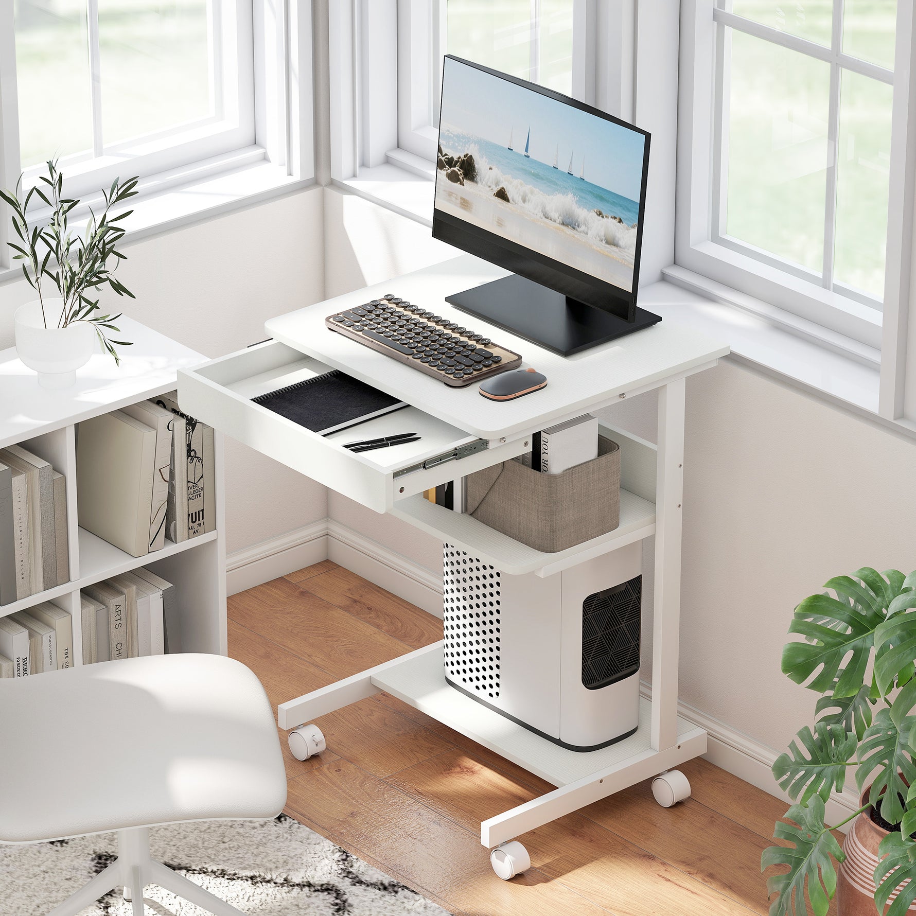 Bureau d'ordinateur sur roues, bureau avec rangement 56 x 51 cm avec tiroir, compartiment et support CPU, blanc