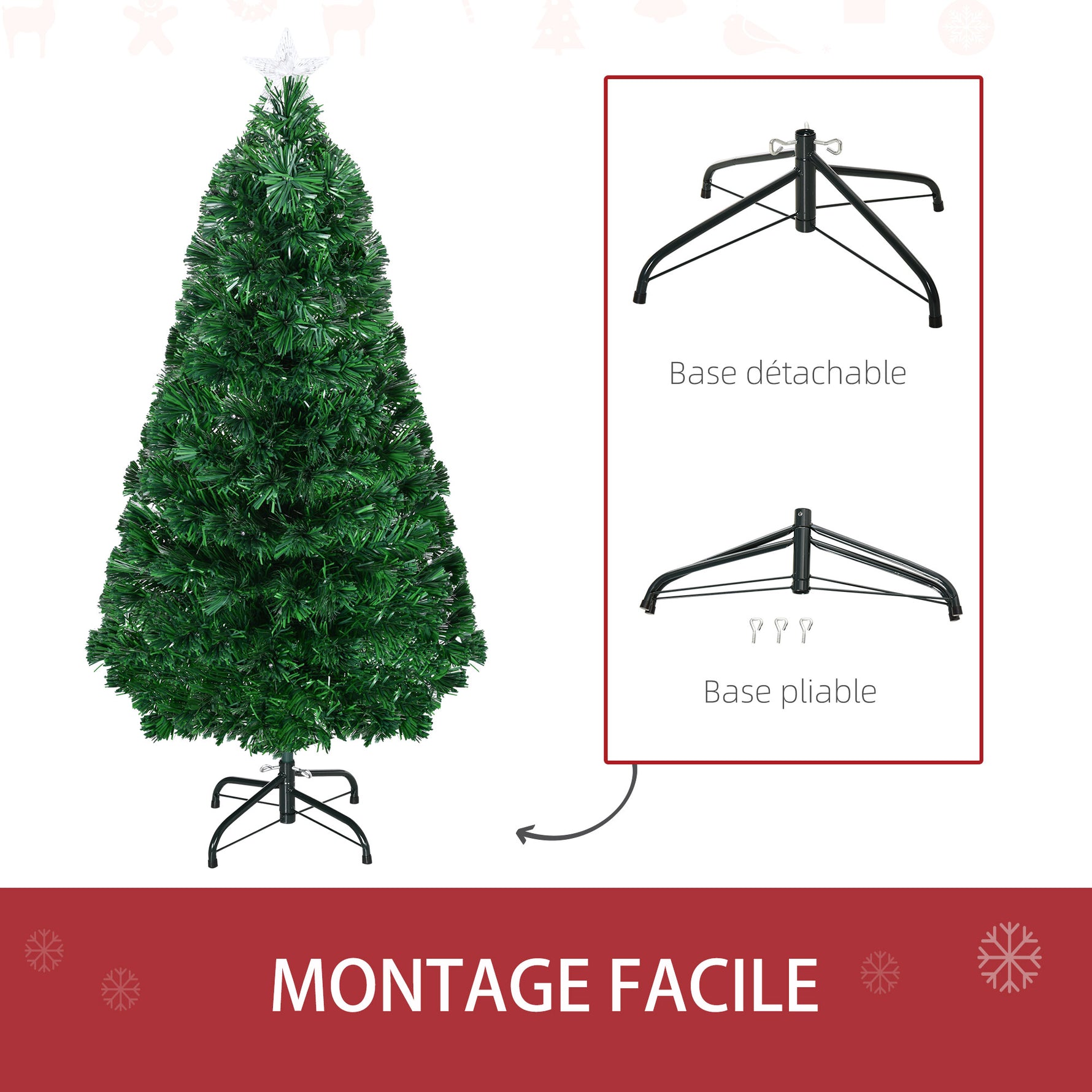 Sapin de Noël Artificiel Lumineux 120H cm Fibre Optique LED Multicolore + Support Pied 130 Branches étoile Sommet Brillante Vert