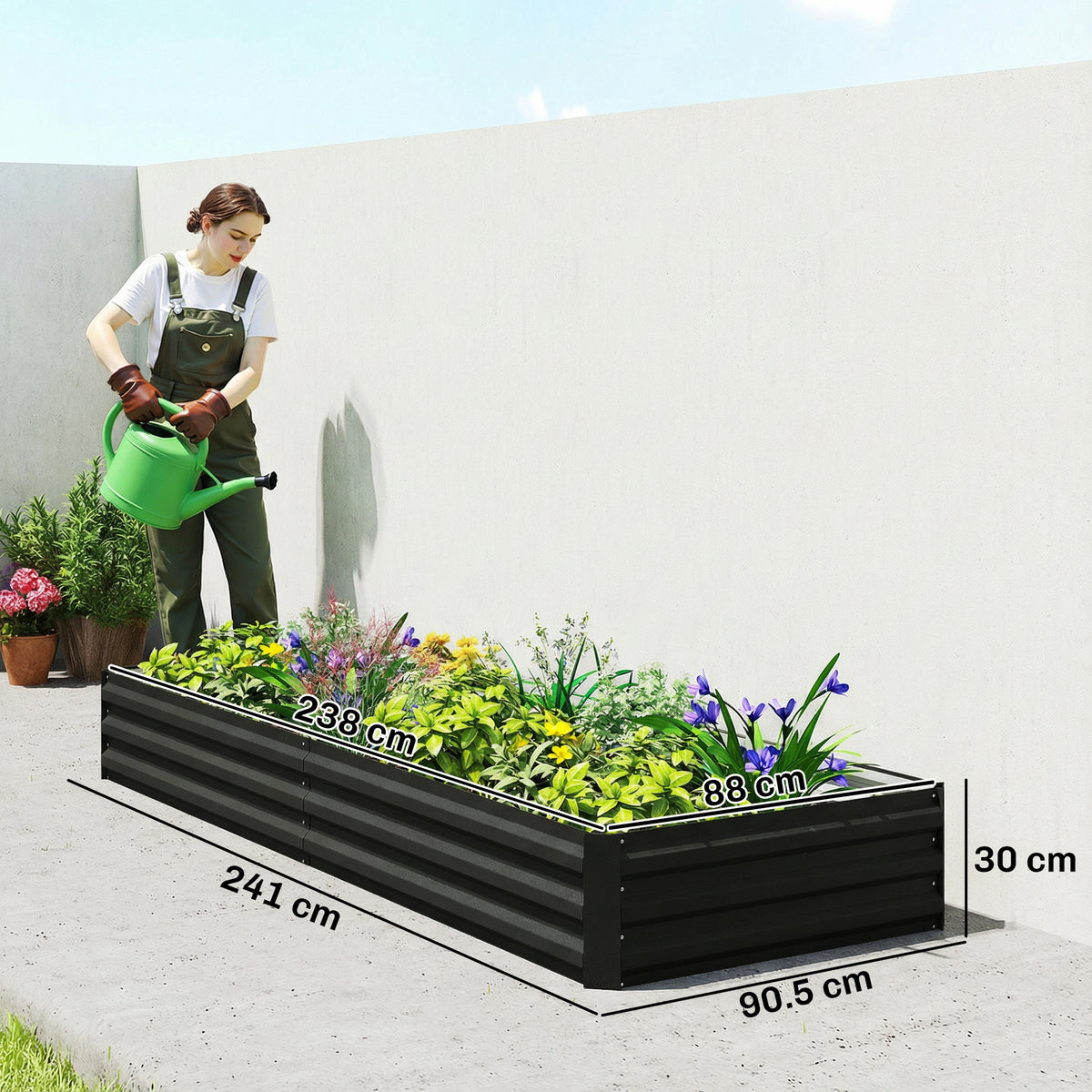 Carré potager de jardin rectangulaire jardinière extérieure 241 x 90,5 x 30 cm tôle d'acier ondulée noir