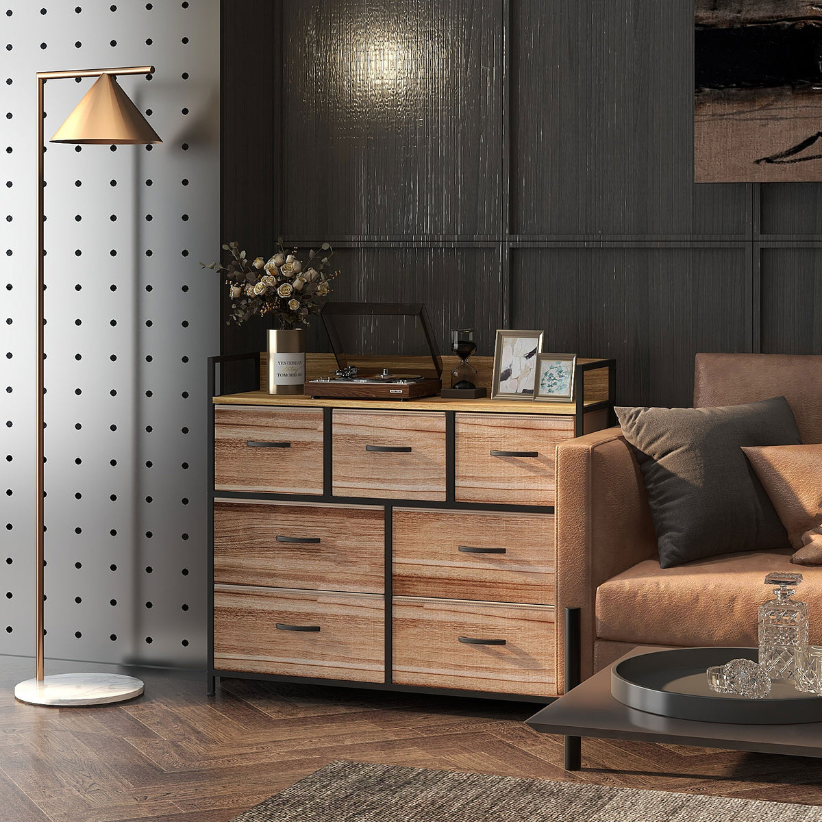 Cómoda de 7 cajones, mueble de almacenamiento con cajones de tela plegables - estructura de acero negro - 98 x 29 x 85 cm