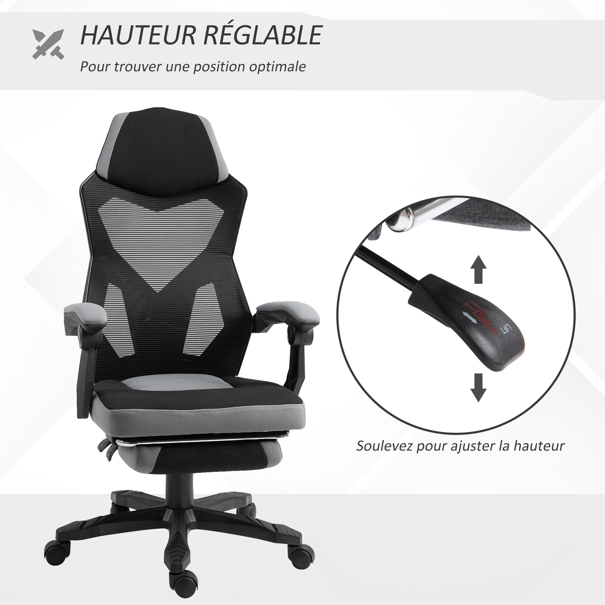 Chaise de bureau fauteuil gaming hauteur réglable dossier roulettes pivotantes repose-pied tissu en maille 58L x 63l x 112-122H cm gris noir