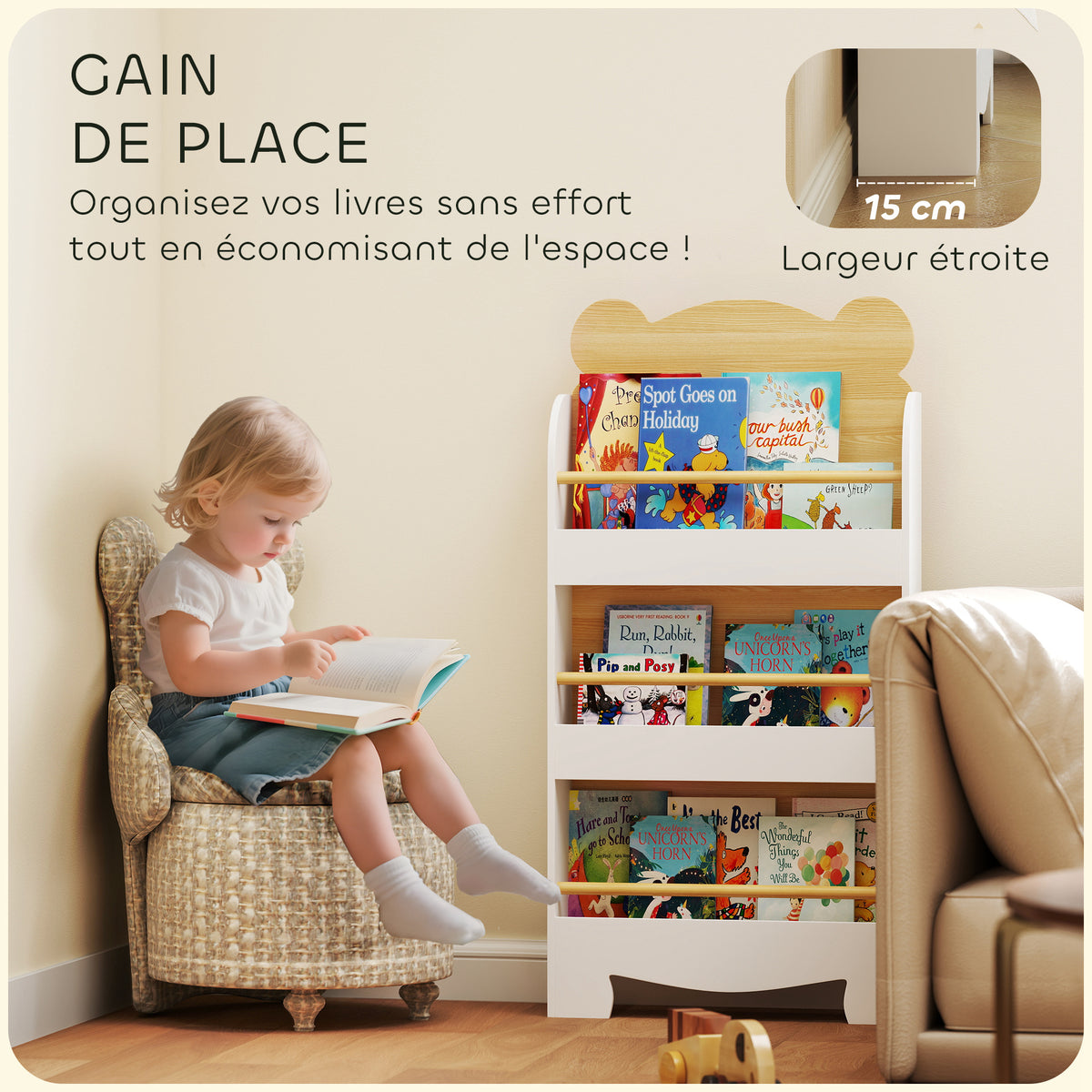 Bibliothèque pour enfant, rangement livre enfant 3 niveaux pour salle de jeux, chambre d'enfant, bois naturel