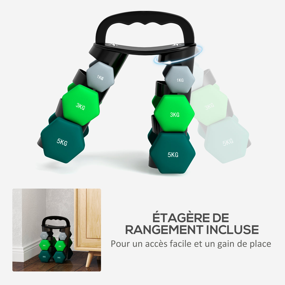 Lot d'haltères hexagonaux, haltères musculation, 2 x 1 kg, 2 x 3 kg, 2 x 5 kg, avec support convertible d'haltères