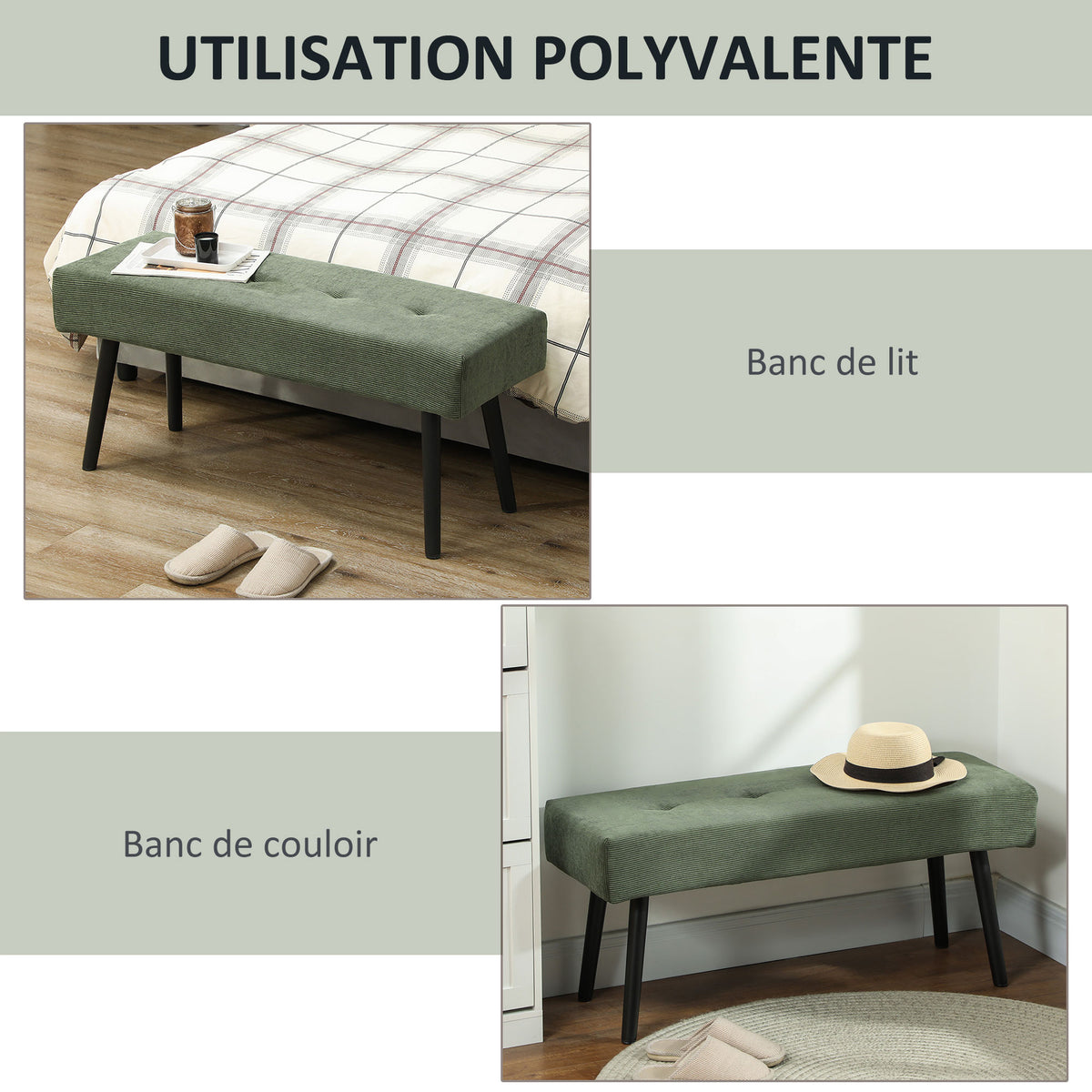 Banco banqueta a pie de cama tapizado en pana con patas de acero negro, carga de 220 kg, 100 x 36 x 45 cm, verde