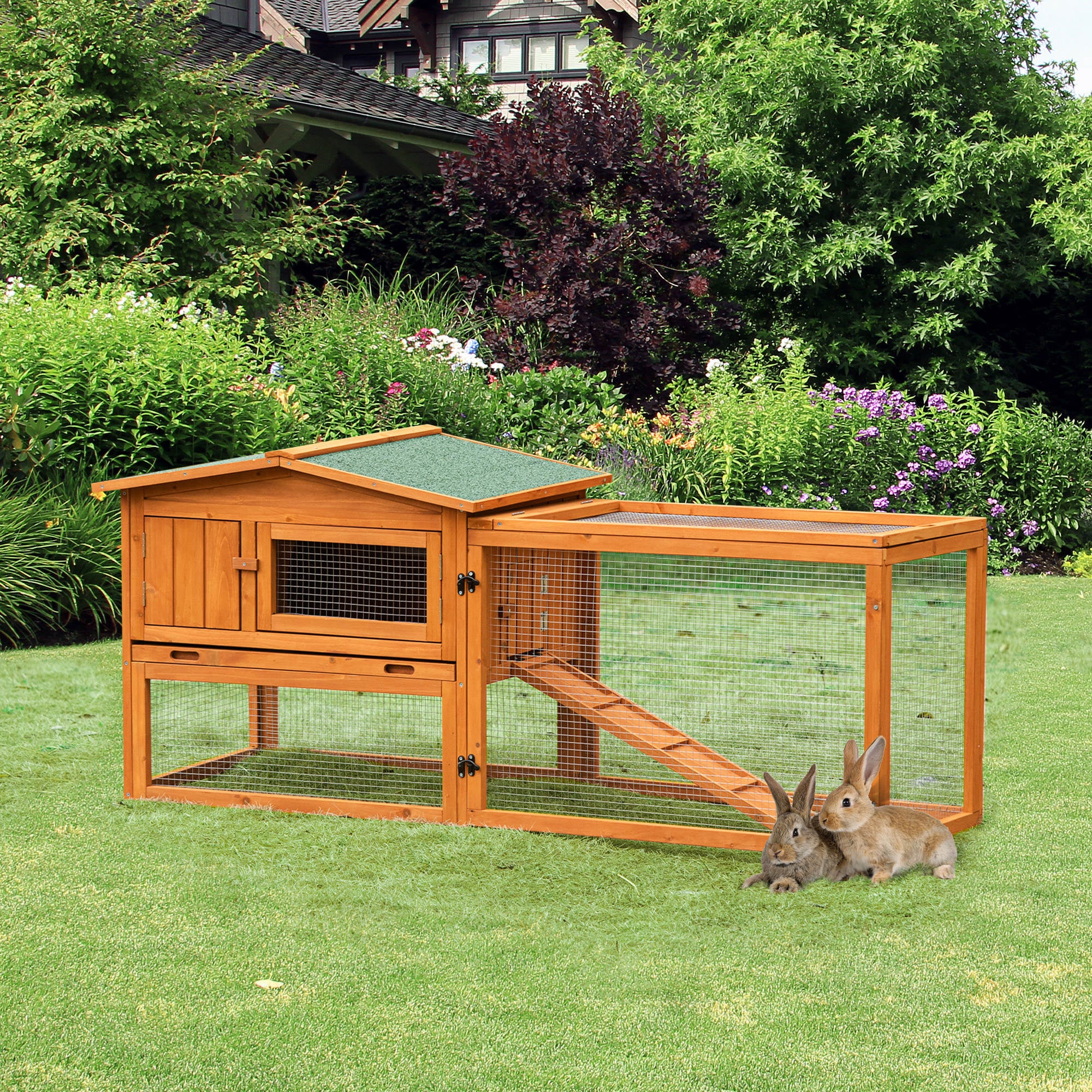 2-tier rabbit hutch for rodents, slide-out waste tray, removable outdoor enclosure, opening roof, 156L x 58W x 68H cm, solid pine wood