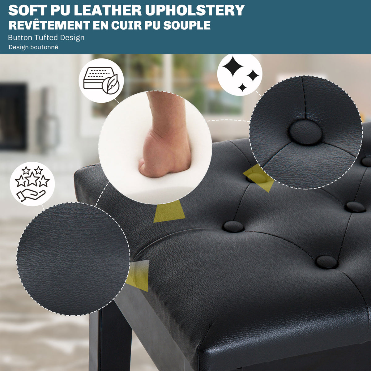 Banquette tabouret siège pour piano avec coffre de rangement pied bois caoutchouc assise capitonnée noir