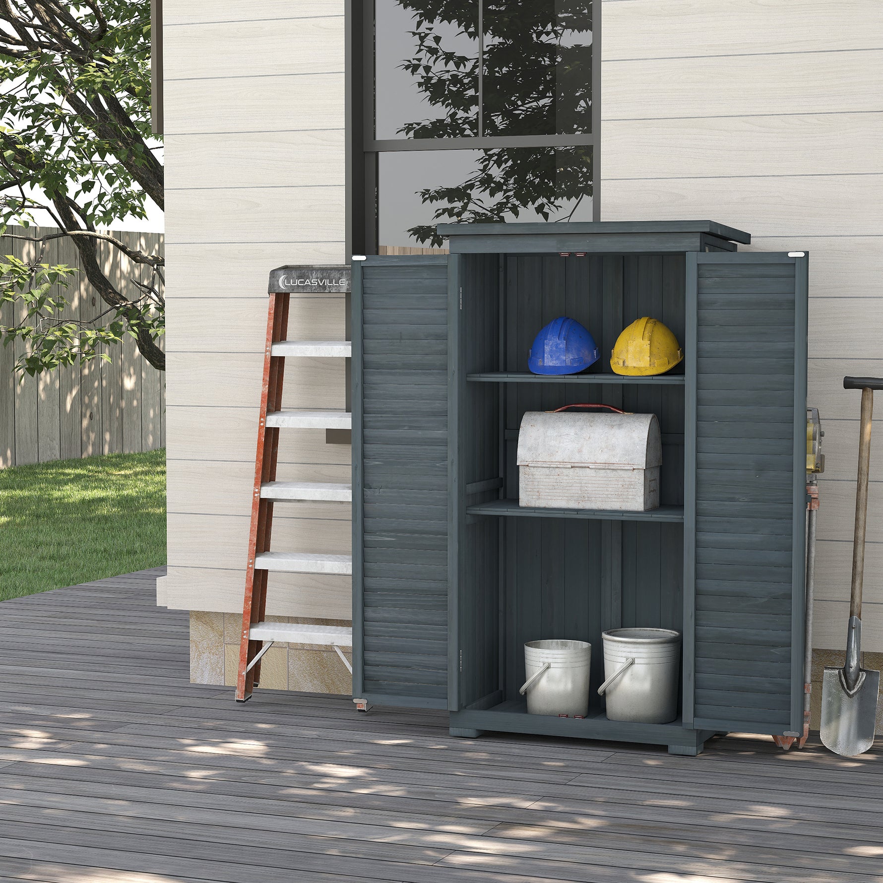 Armoire de jardin remise pour outils en bois 2 étagères toit bitumé portes persiennes 87 x 47 x 160 gris
