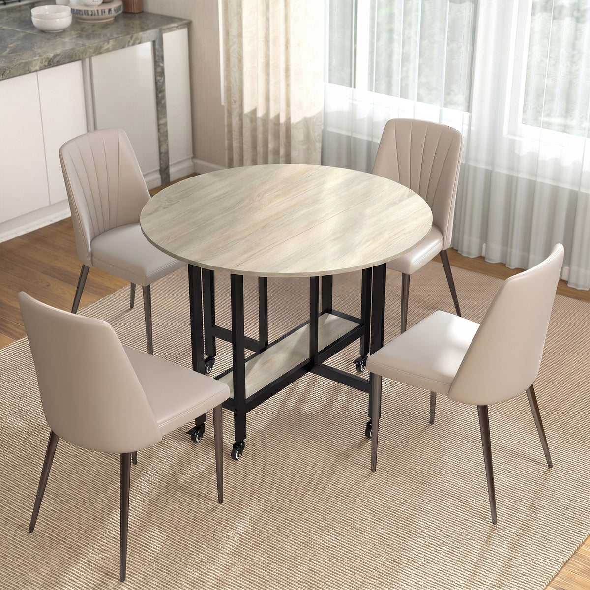 Table à Manger Pliante sur Roulettes, Table de Cuisine pour 4 Personnes, Étagère Intégrée, 100 x 100 x 75 cm, Naturel