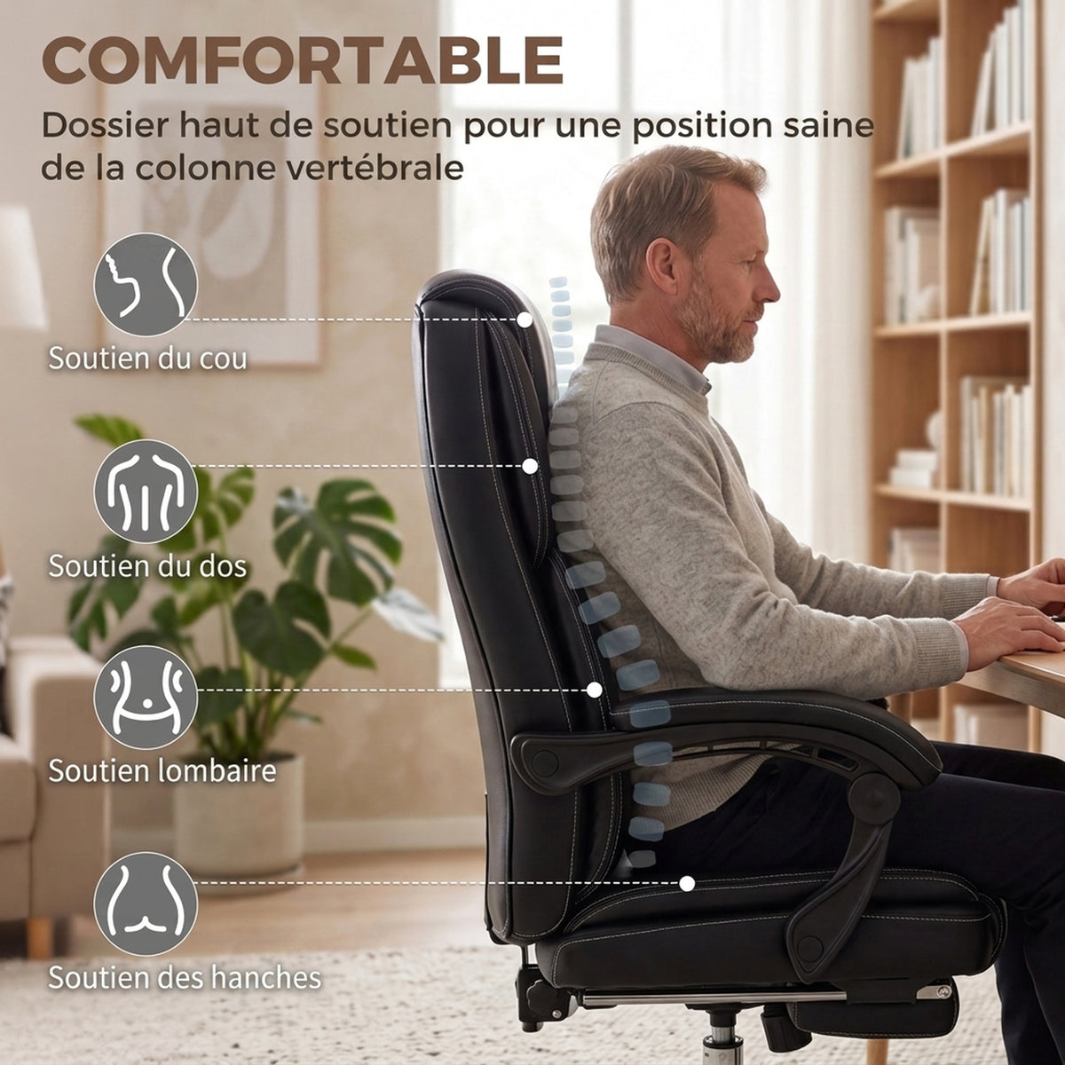 Chaise Bureau Ergonomique, Fauteuil de Bureau Inclinable, Assise rembourrée en PU, Hauteur Réglable, Noir