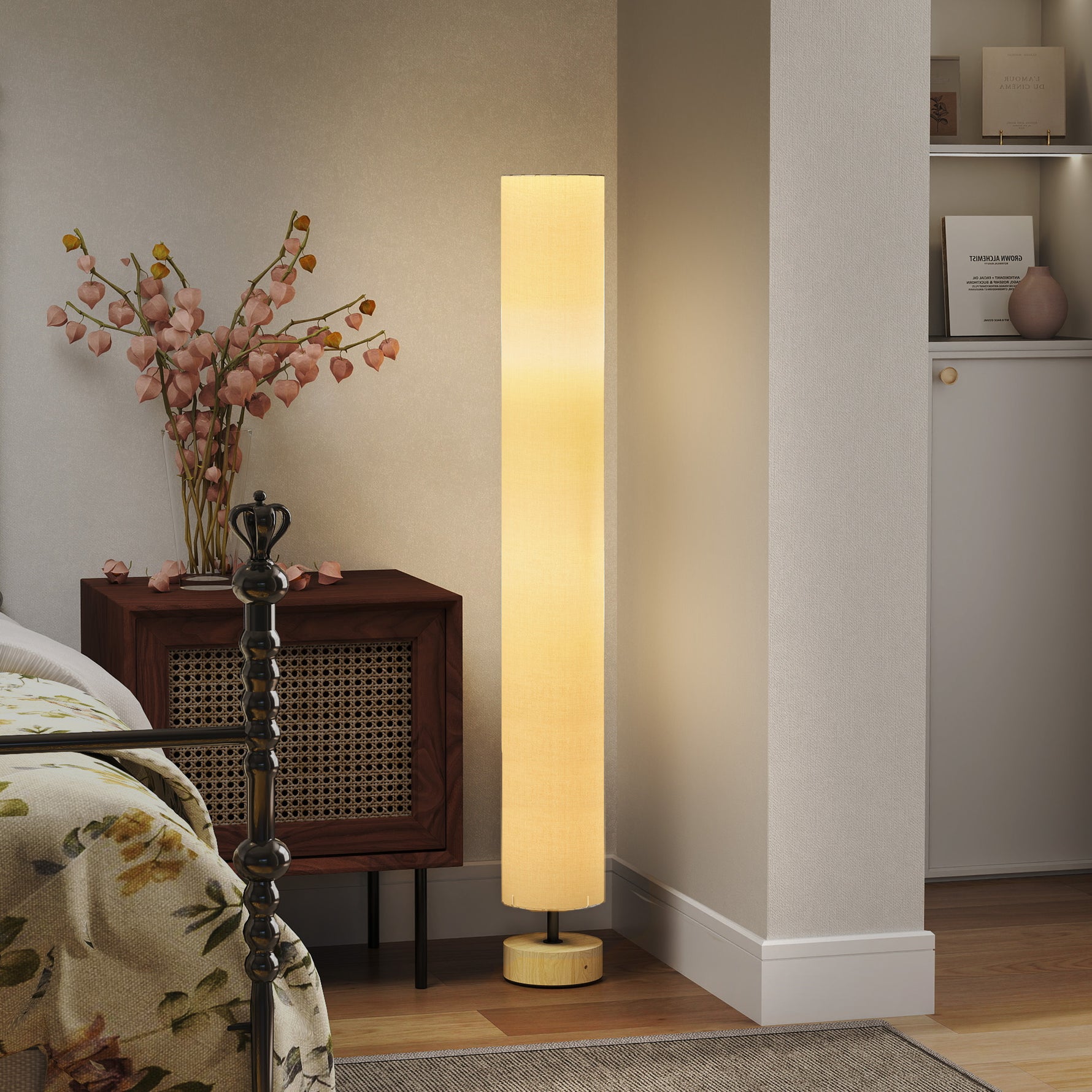 Lampadaire sur pied de salon avec abat-jour en lin, interrupteur à pied, 2 x douille E27, 120 cm, beige